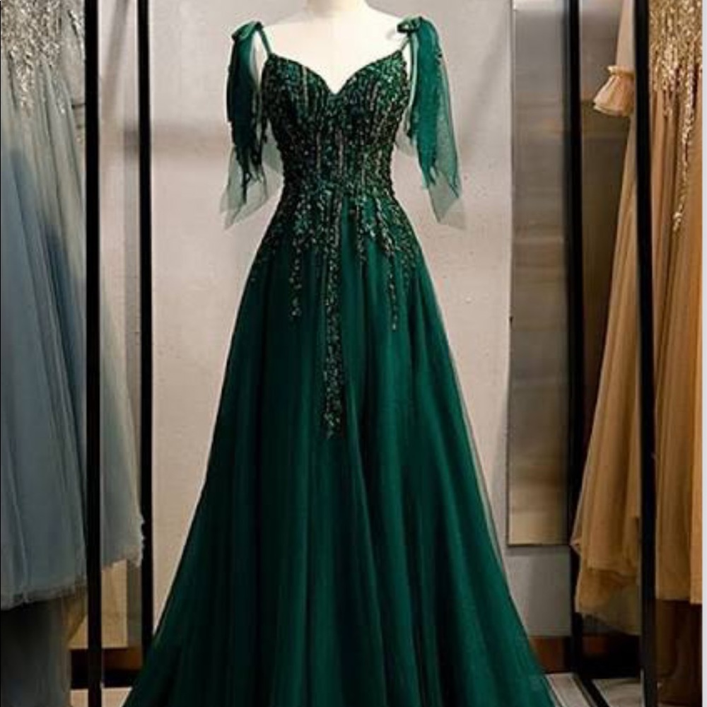 Dark green long formal glitter dress